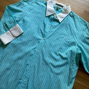 Ralph Lauren Striped Button Down Shirt Women Size Large  Prep Academia Cuff Blue